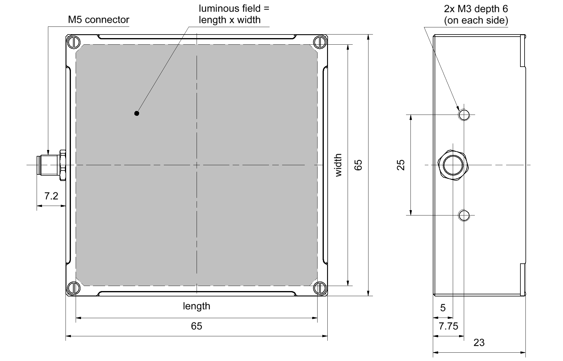 Maßzeichnung in mm: length = 60 mm; width = 60 mm